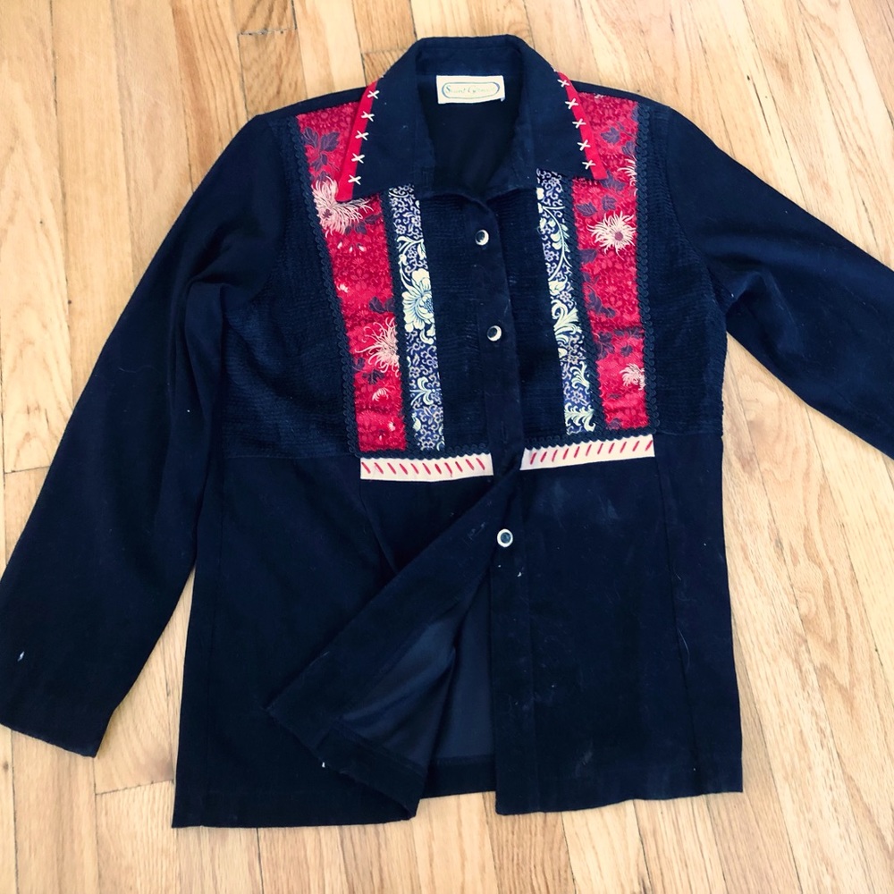 Vintage St. Germain Paris jacket, black ultra suede hand stitching and brocade